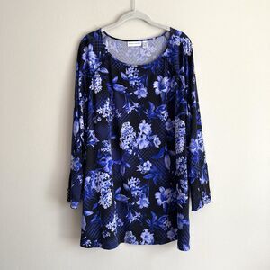 Susan Graver Womens Plus Size Liquid Knit Tunic Top Blue Floral Size 2X Stretchy